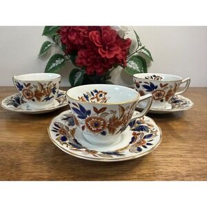 Vintage Booths Dovedale Tea Cups And Saucers Blue Brown Floral England Set Of 3